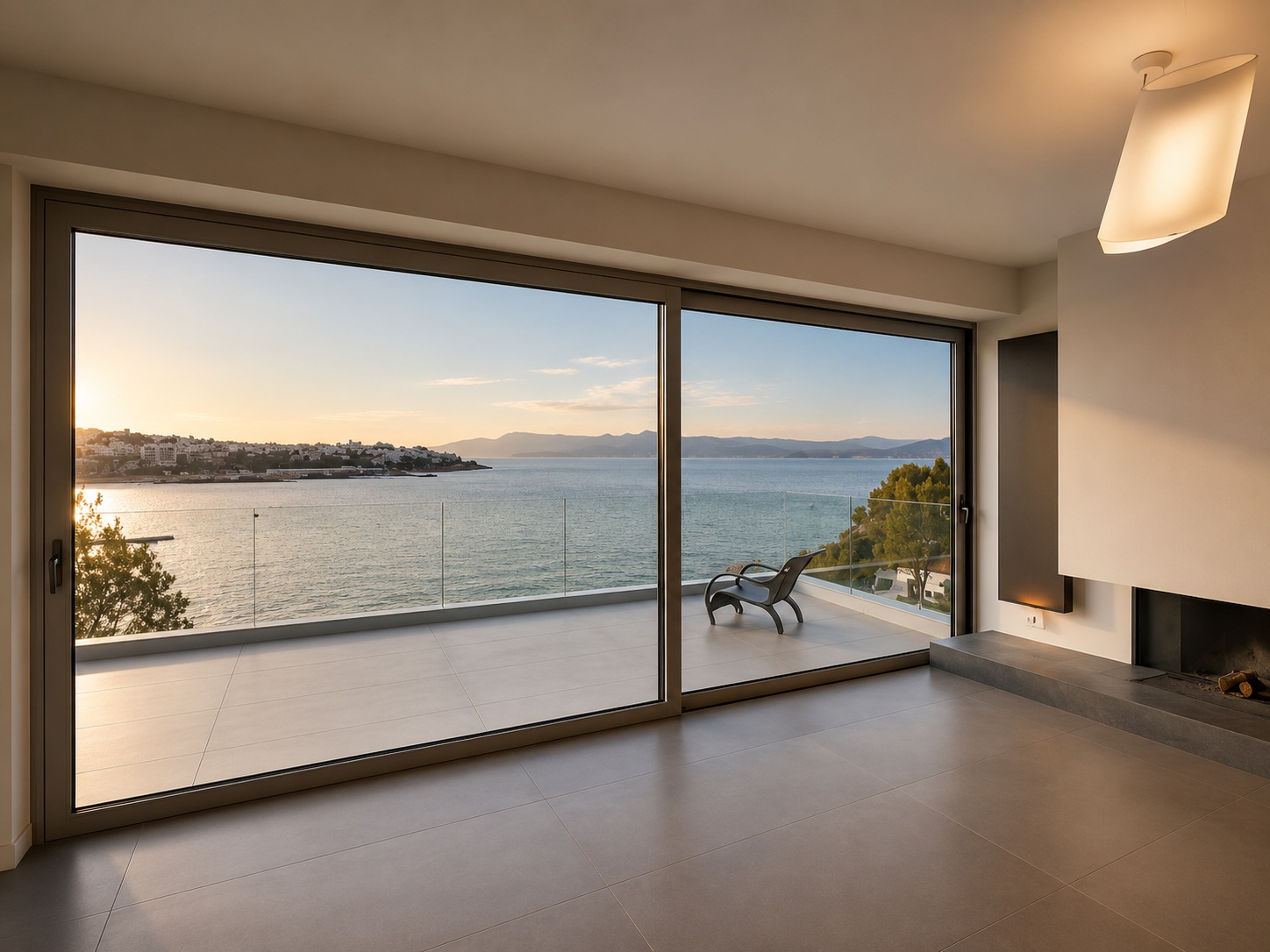 Luxury apartment interior with large aluminium glazing overlooking the sea