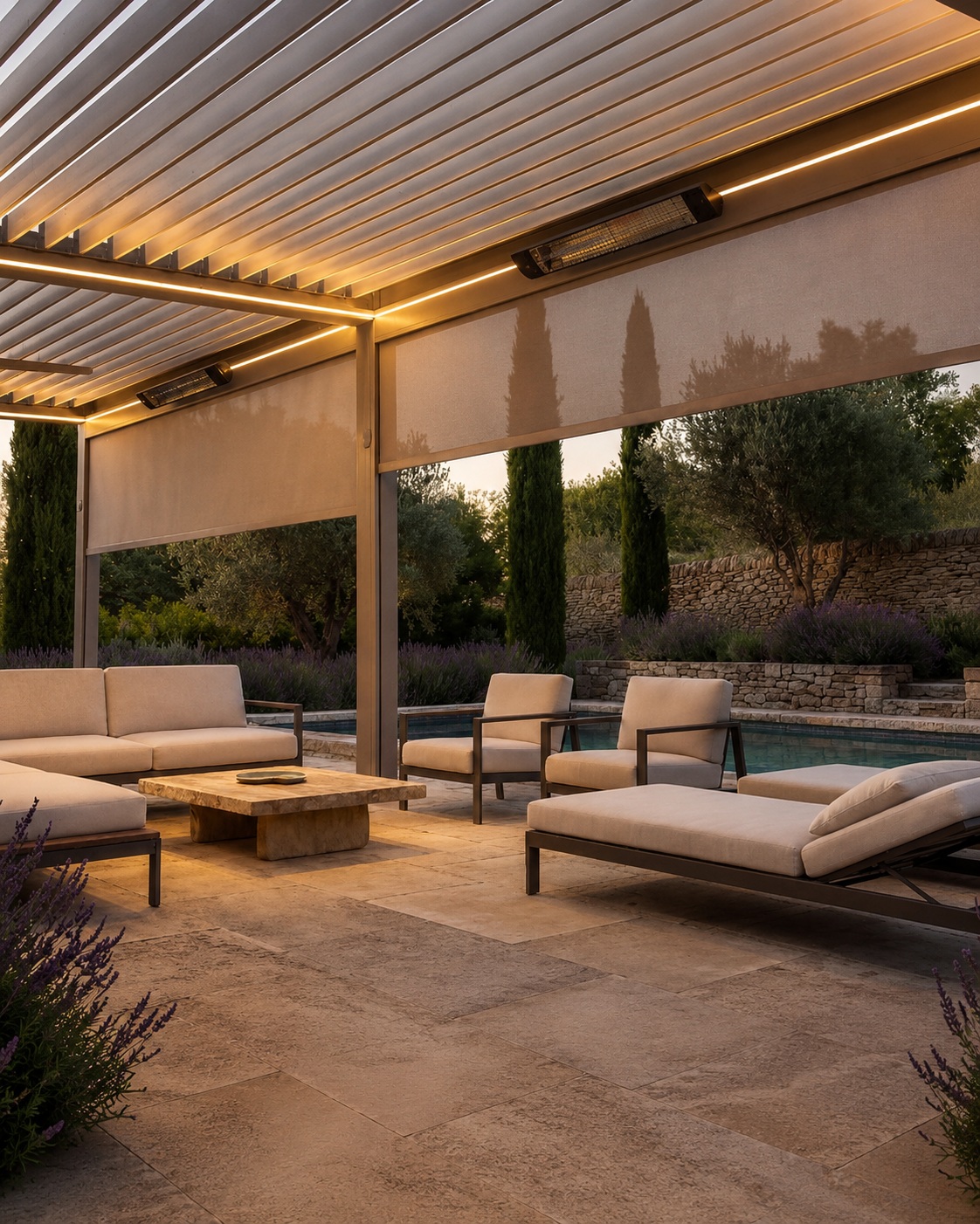 EPS 80 Bioclimatic Pergola Europa με φωτισμό νυχτερινή λήψη