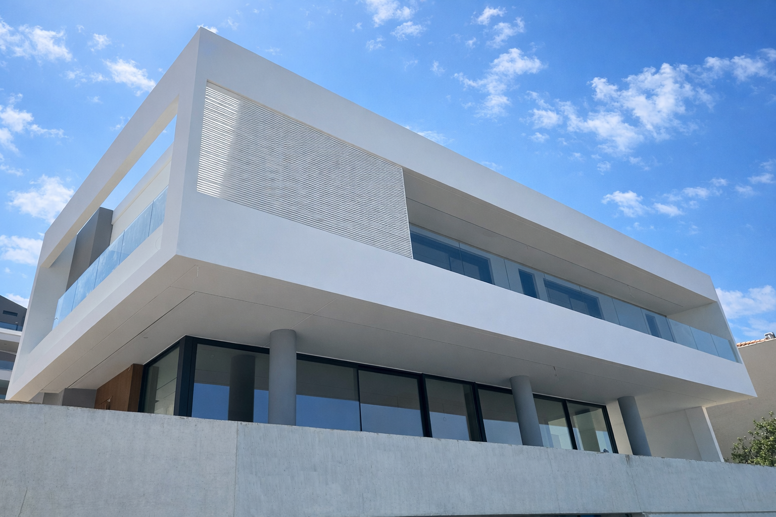 Μοντέρνα λευκή κατοικία με καθαρές γραμμές Minimal κουφώματα αλουμινίου