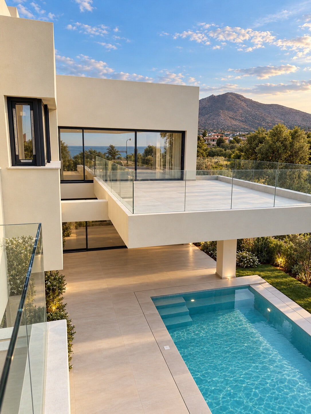 Σύγχρονη βίλα με minimal συρόμενα Europa EMF64 Hybrid, γυάλινα κιγκλιδώματα και θέα προς την πισίνα και τη θάλασσα