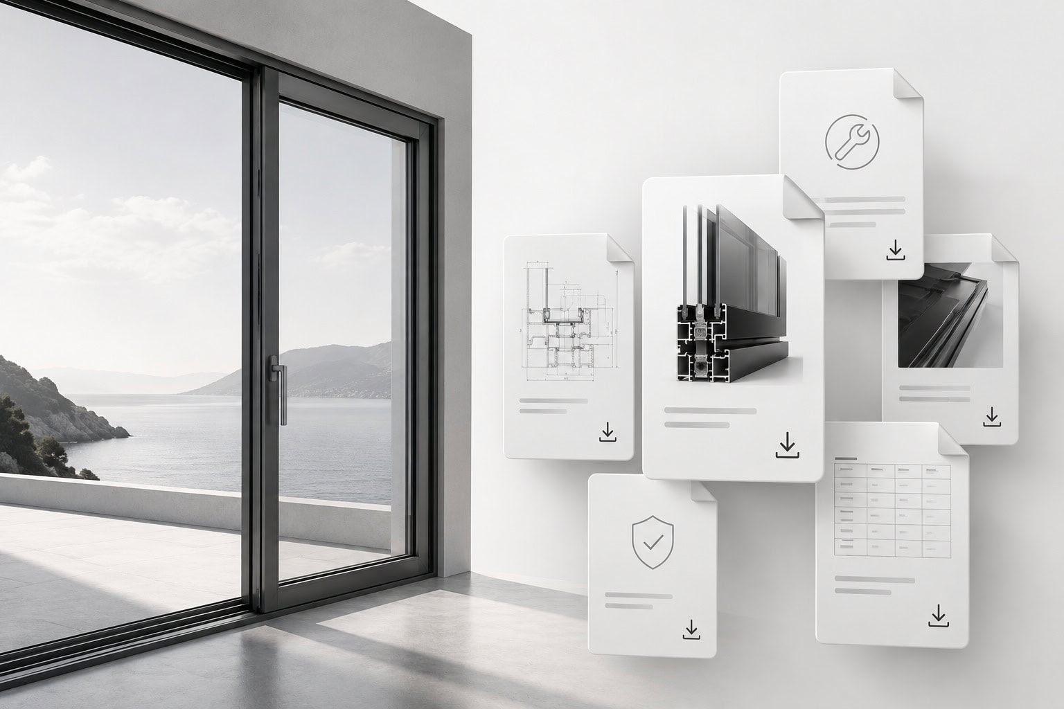 Access technical datasheets, PDF catalogues, installation manuals, maintenance guides, certifications and brochures for Mparolas aluminium systems.