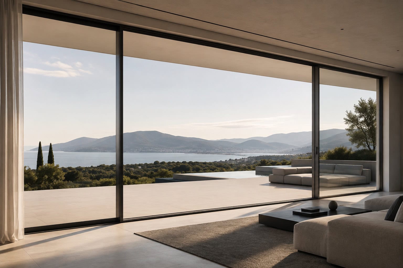 Minimal aluminium sliding windows with large glass openings in contemporary residence