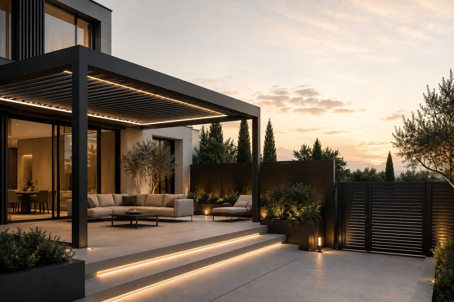 Premium outdoor aluminium solutions with pergola, shading systems and fencing for contemporary architecture