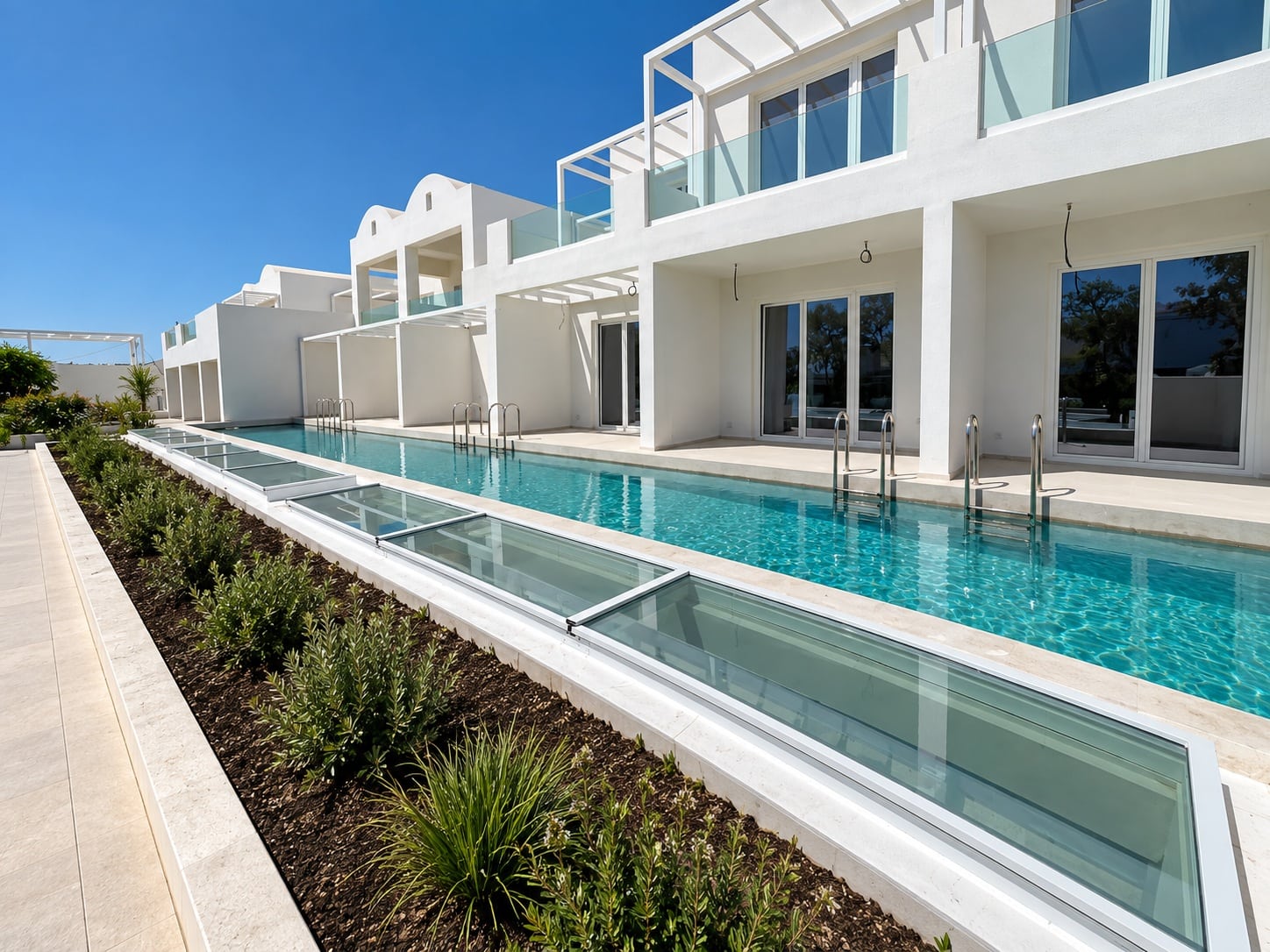 Γυάλινα αίθρια αλουμινίου και πισίνα στο Santorini Heart Hotel & Spa στη Σαντορίνη